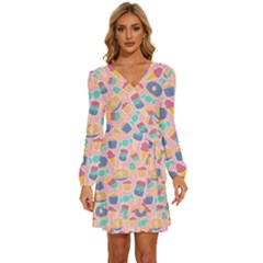 Ice Cream Donut Sweets Candie Long Sleeve Waist Tie Ruffle Velvet Dress by Apenda