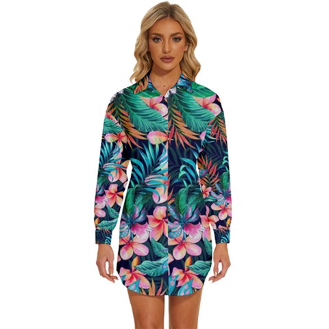 Hawaiian Flowers Hawaii Womens Long Sleeve Shirt Dress by Cemarart