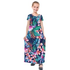 Hawaiian Flowers Hawaii Kids  Short Sleeve Maxi Dress by Cemarart