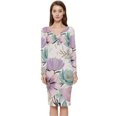 Flowers Pattern Floral Long Sleeve V-neck Bodycon Dress  by Sabxi