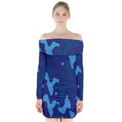 Blue Camouflage Pattern Long Sleeve Off Shoulder Dress by kyorashop23