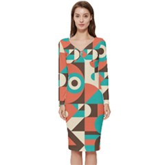 Retro Colorful Background, Retro Abstraction Long Sleeve V-neck Bodycon Dress  by kyorashop23