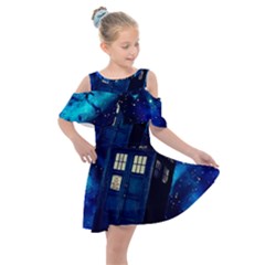 Tardis Doctor Who Space Galaxy Kids  Shoulder Cutout Chiffon Dress by Cemarart