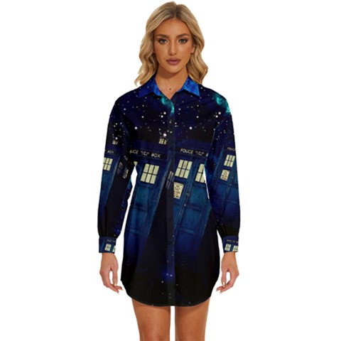 Tardis Doctor Who Space Galaxy Womens Long Sleeve Shirt Dress by Cemarart