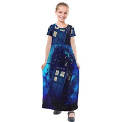 Tardis Doctor Who Space Galaxy Kids  Short Sleeve Maxi Dress by Cemarart