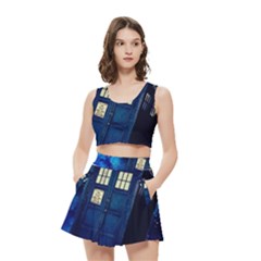 Tardis Doctor Who Space Galaxy Women s Crop Top Pleated Skater Rave Skirt by Cemarart