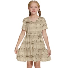 Vintage Beige Music Notes Kids  Short Sleeve Tiered Mini Dress by Cemarart