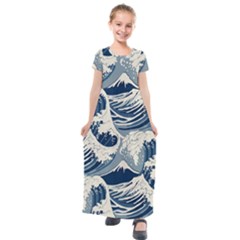 Japanese Wave Pattern Kids  Short Sleeve Maxi Dress by Cemarart