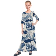 Japanese Wave Pattern Kids  Quarter Sleeve Maxi Dress by Cemarart