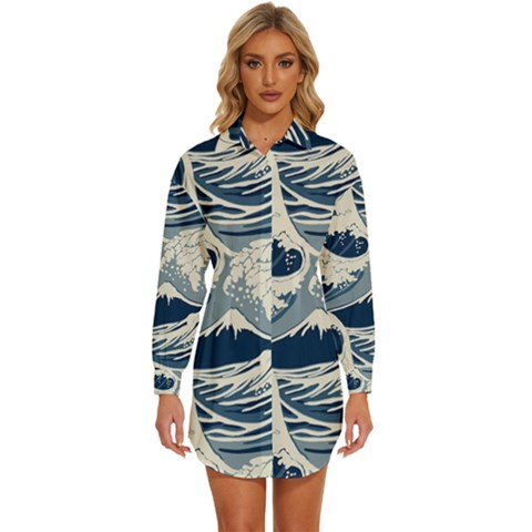 Japanese Wave Pattern Womens Long Sleeve Shirt Dress by Cemarart