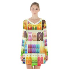 Supermarket Shelf Products Snacks Long Sleeve Velvet V-neck Dress by Cemarart