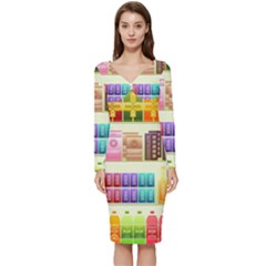 Supermarket Shelf Products Snacks Long Sleeve V-neck Bodycon Dress  by Cemarart