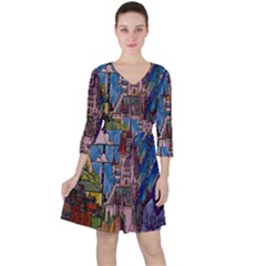 Castle Building Stained Glass Quarter Sleeve Ruffle Waist Dress by Cemarart