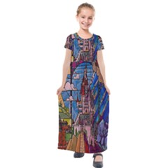 Castle Building Stained Glass Kids  Short Sleeve Maxi Dress by Cemarart