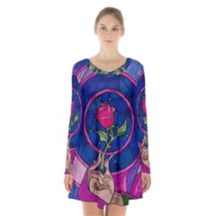 Enchanted Rose Stained Glass Long Sleeve Velvet V-neck Dress by Cemarart