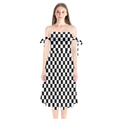 Pattern Checkered Squares Black White Pattern Shoulder Tie Bardot Midi Dress by Sabxi