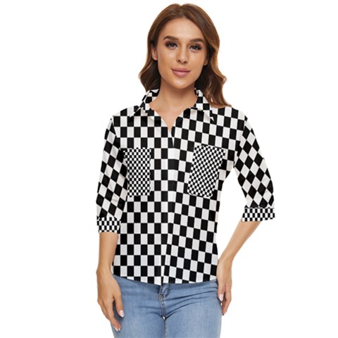 Pattern Checkered Squares Black White Pattern Women s Quarter Sleeve Pocket Shirt by Sabxi