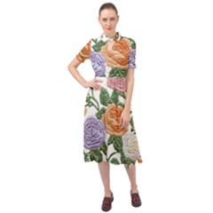 Embroidery Roses Floral Design Keyhole Neckline Chiffon Dress