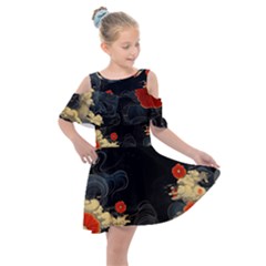 Korean Art Flowers Asian Pattern Kids  Shoulder Cutout Chiffon Dress by Sabxi