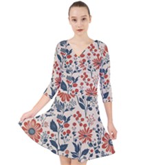 Retro Scandinavian Nordic Flowers Pattern Quarter Sleeve Front Wrap Dress by violetheavensky