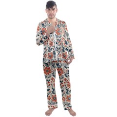 Retro Scandinavian Nordic Flowers Pattern Men s Long Sleeve Satin Pajamas Set by violetheavensky