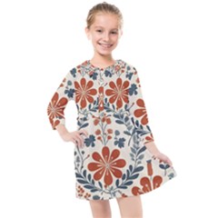 Retro Scandinavian Nordic Flowers Pattern 3 Kids  Quarter Sleeve Shirt Dress by violetheavensky