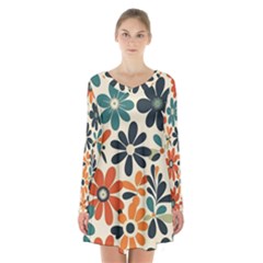 Retro Scandinavian Nordic Flowers Pattern 2 Long Sleeve Velvet V-neck Dress by violetheavensky