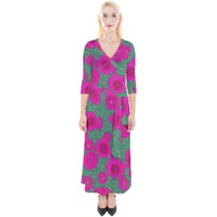 Mid Century Retro Floral 1970s 1960s Pattern 97 Quarter Sleeve Wrap Maxi Dress by violetheavensky