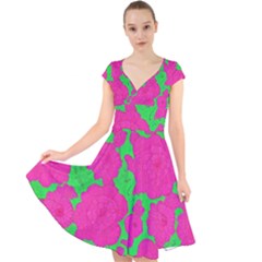 Mid Century Retro Floral 1970s 1960s Pattern 98 Cap Sleeve Front Wrap Midi Dress by violetheavensky