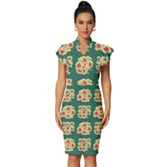 Retro 1880s Flowers Pattern 6 Vintage Frill Sleeve V-neck Bodycon Dress