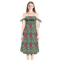 Retro 1880s Flowers Pattern 3 Shoulder Tie Bardot Midi Dress by violetheavensky