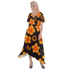 Retro 40s 50s Flowers Pattern Halloween Cross Front Sharkbite Hem Maxi Dress by violetheavensky