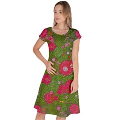 Mid Century Retro Floral 1970s 1960s Pattern 88 Classic Short Sleeve Dress by violetheavensky