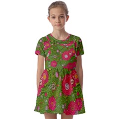 Mid Century Retro Floral 1970s 1960s Pattern 88 Kids  Short Sleeve Pinafore Style Dress by violetheavensky