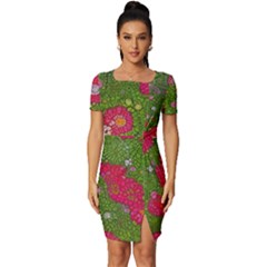 Mid Century Retro Floral 1970s 1960s Pattern 88 Fitted Knot Split End Bodycon Dress by violetheavensky