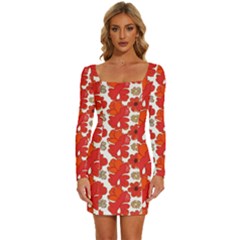 Mid Century Retro Floral 1970s 1960s Pattern 91 Long Sleeve Square Neck Bodycon Velvet Dress by violetheavensky