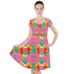 Retro 40s 50s Mexico Flowers Pattern Cap Sleeve Midi Dress by violetheavensky