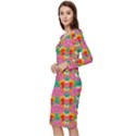 Retro 40s 50s Mexico Flowers Pattern Long Sleeve V-Neck Bodycon Dress  View2