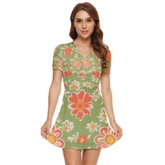 Retro 40s 50s Mexico Flowers Pattern 3 V-neck High Waist Chiffon Mini Dress by violetheavensky