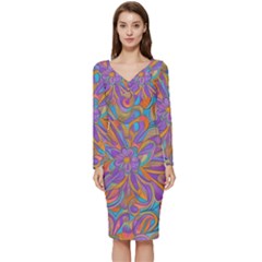 Mid Century Retro Floral 1970s 1960s Pattern 75 Long Sleeve V-neck Bodycon Dress  by violetheavensky