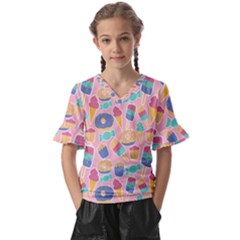 Ice Cream Donut Sweets Candie Kids  V-neck Horn Sleeve Blouse by Apenda