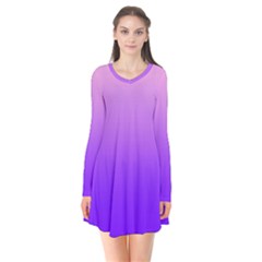 Cotton Candy Pink To Indigo Violet Linear Gradient Long Sleeve V-neck Flare Dress by GradientsOmbre