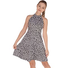 Black White Leopard Sleeveless Halter Neck A-line Dress by DinkovaArt