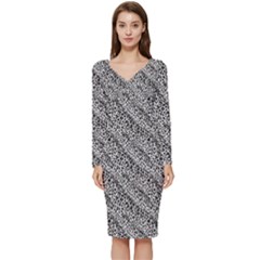 Silver Leopard Long Sleeve V-neck Bodycon Dress  by DinkovaArt