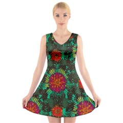 Mid Century Retro Floral 1970s 1960s Pattern 72 V-neck Sleeveless Dress by violetheavensky