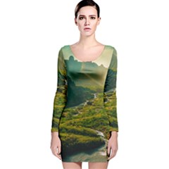 Mountains Trees Forest Long Sleeve Velvet Bodycon Dress by Anend