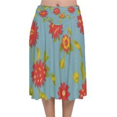 Mid Century Retro Floral 1970s 1960s Pattern 78 Velvet Flared Midi Skirt by violetheavensky