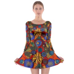 Mid Century Retro Floral 1970s 1960s Pattern 69 Long Sleeve Skater Dress by violetheavensky