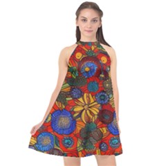Mid Century Retro Floral 1970s 1960s Pattern 69 Halter Neckline Chiffon Dress  by violetheavensky