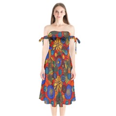 Mid Century Retro Floral 1970s 1960s Pattern 69 Shoulder Tie Bardot Midi Dress by violetheavensky